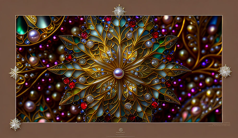 Symmetrical golden mandala with jewels on dark glossy background