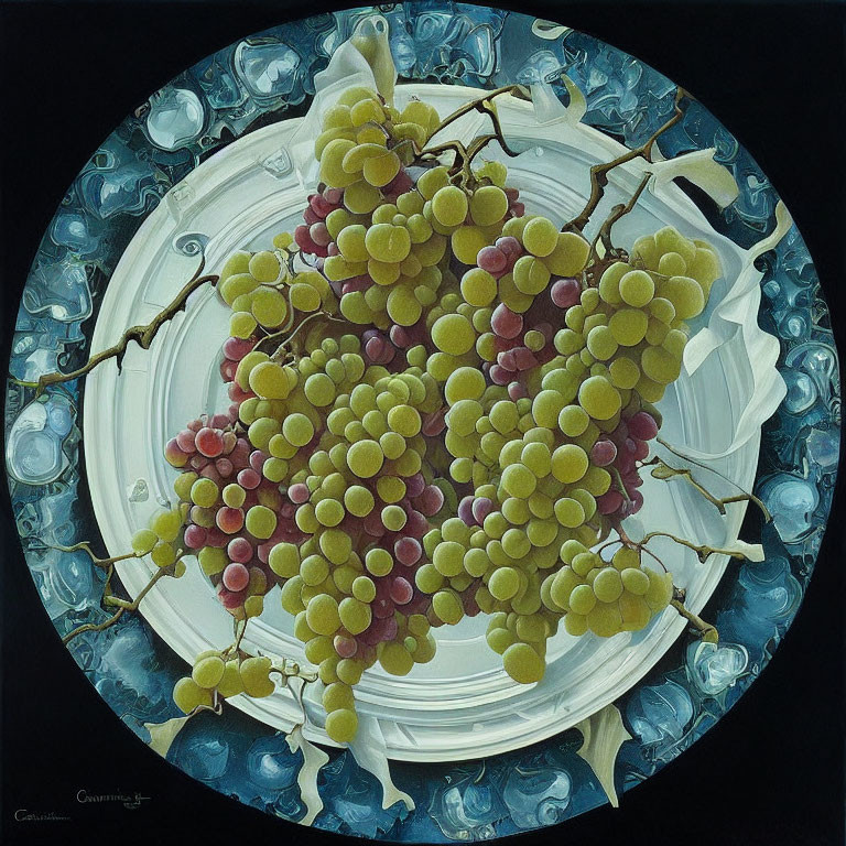 Still life painting with grape clusters and white dishes on dark, bubble pattern background