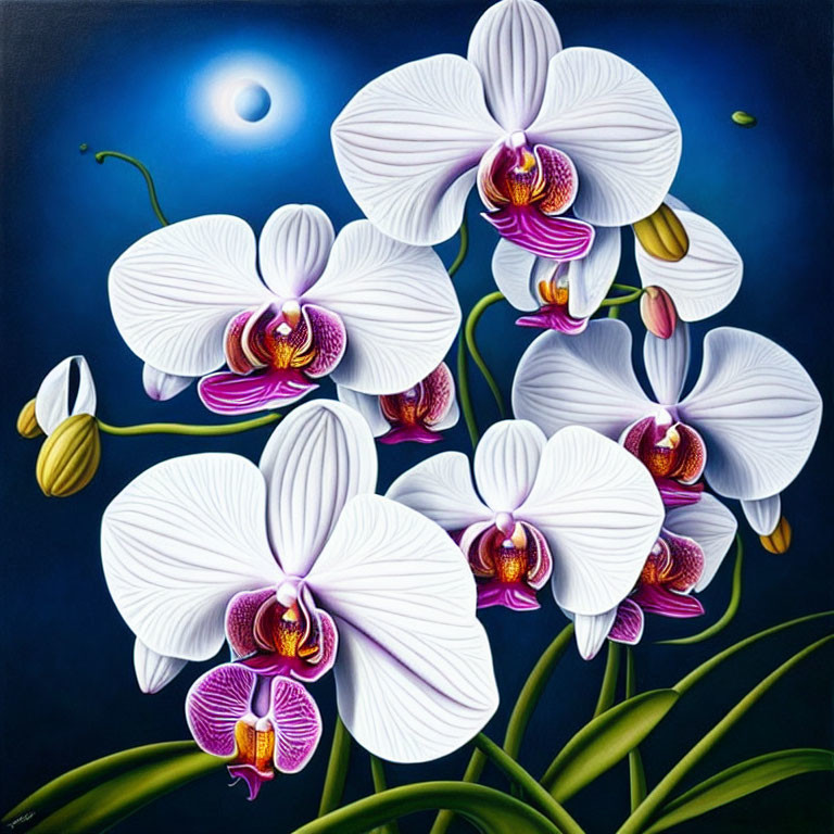 Detailed white and purple orchids painting under moonlit sky