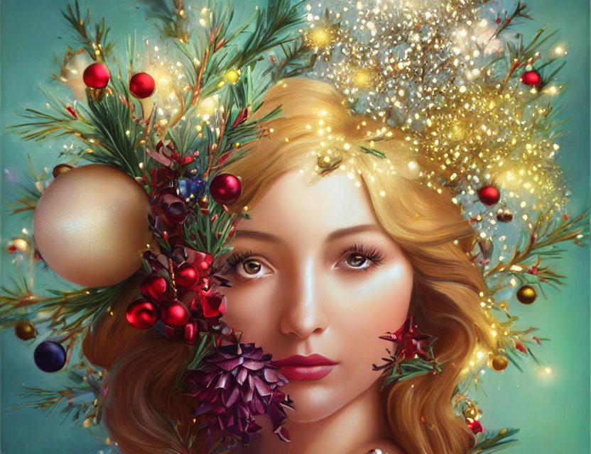Woman adorned with Christmas decorations in hair.