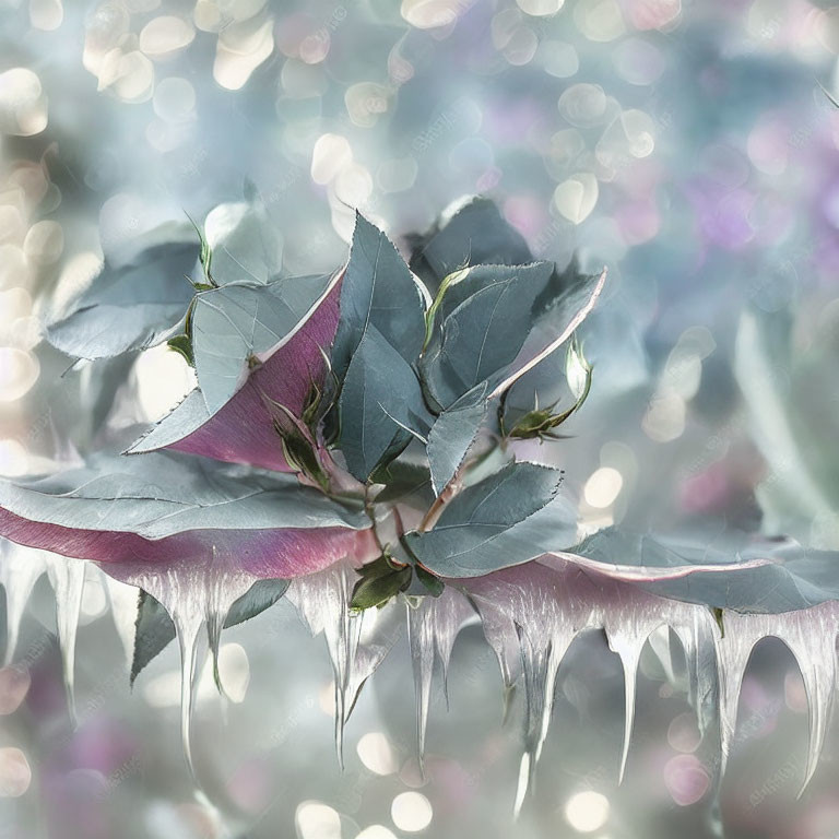 Icicle-covered leaves and branches on sparkling winter background