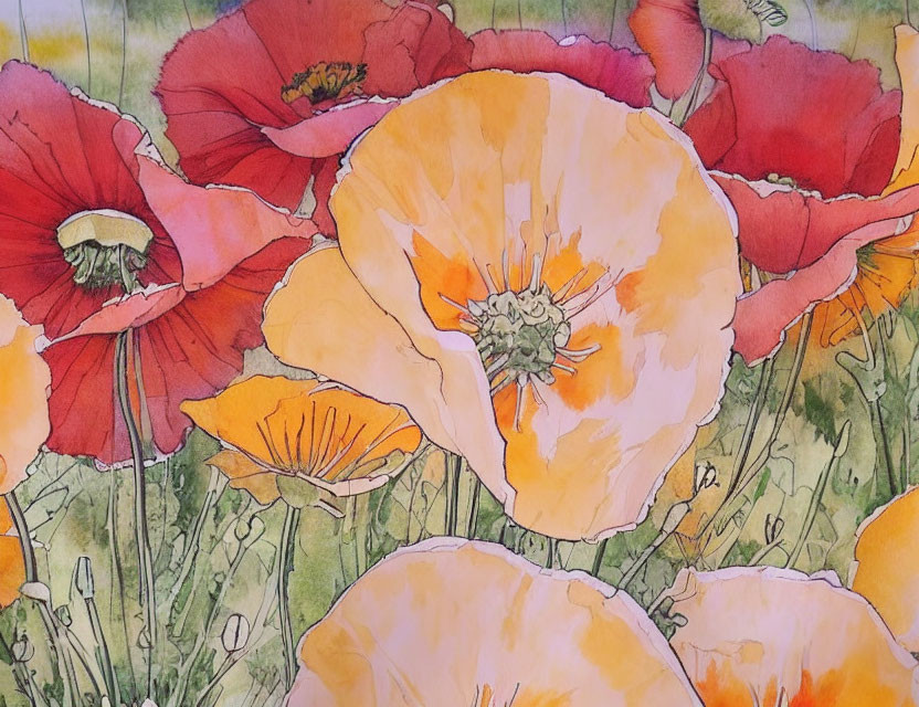 Vibrant Orange and Red Poppies in Watercolor