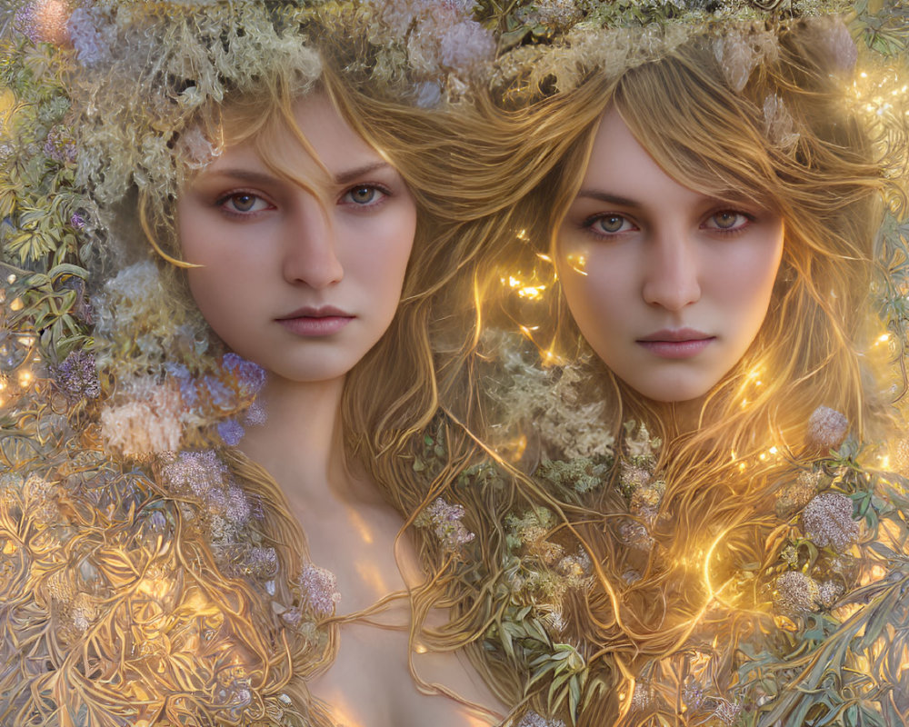 Identical women with floral crowns and golden lights in hair, surrounded by soft blooms and foliage