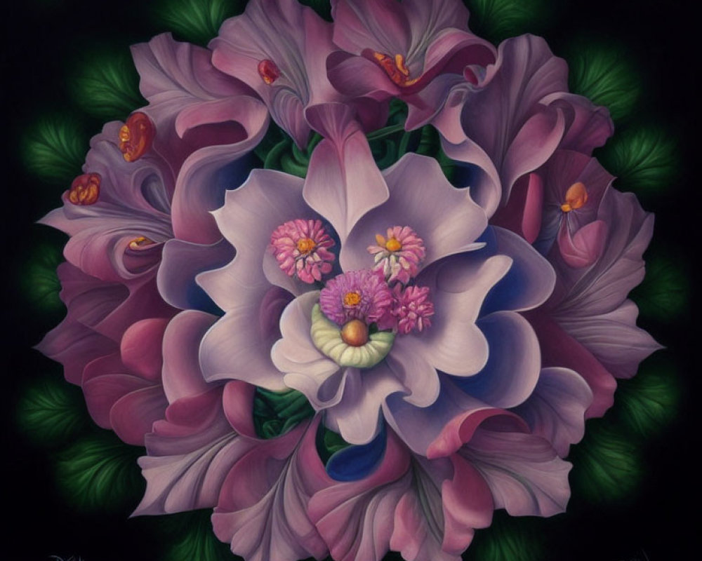 Vibrant digital painting of surreal floral arrangement on dark background