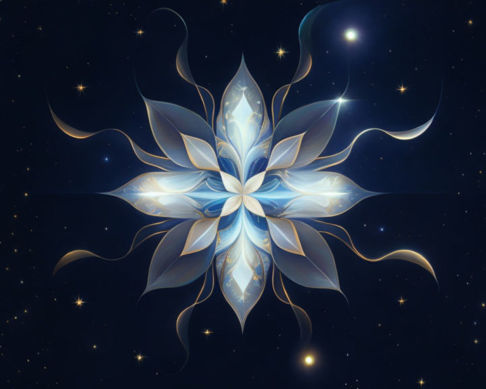 Symmetric light-blue floral pattern on dark starry background