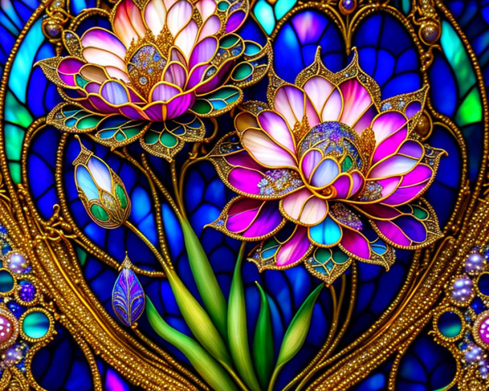 Colorful digital artwork featuring stylized lotus flowers on a vibrant blue background