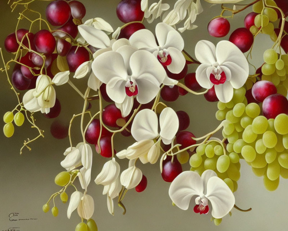 Realistic illustration of green grapes and white orchids on beige background