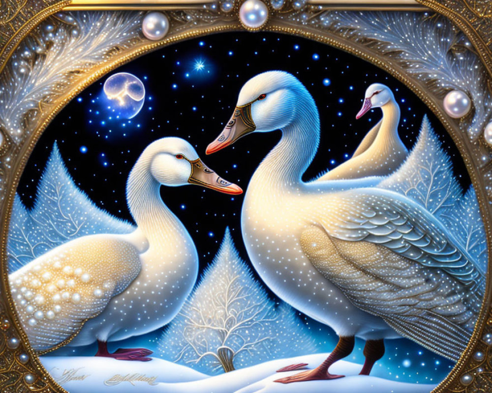 Illustration of Three Swans Under Starry Sky in Golden Ornate Frame