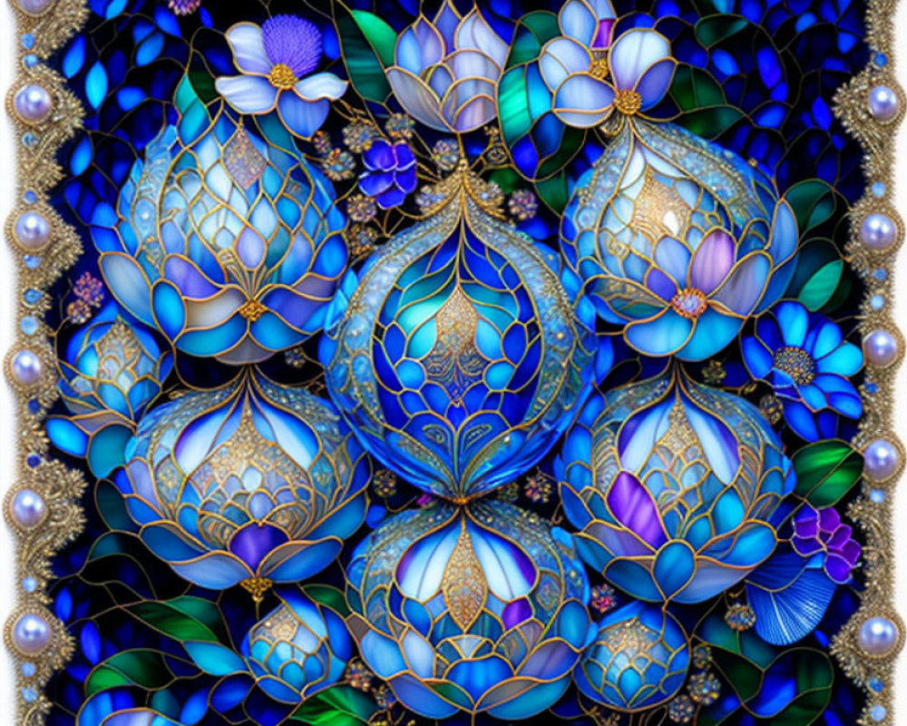 Detailed digital art: ornate flowers in jewel tones with gold accents.
