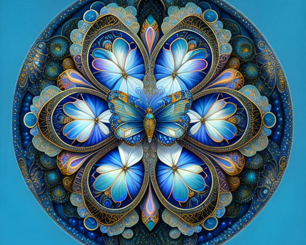 Symmetrical butterfly mandala in rich blues and gold on light blue background