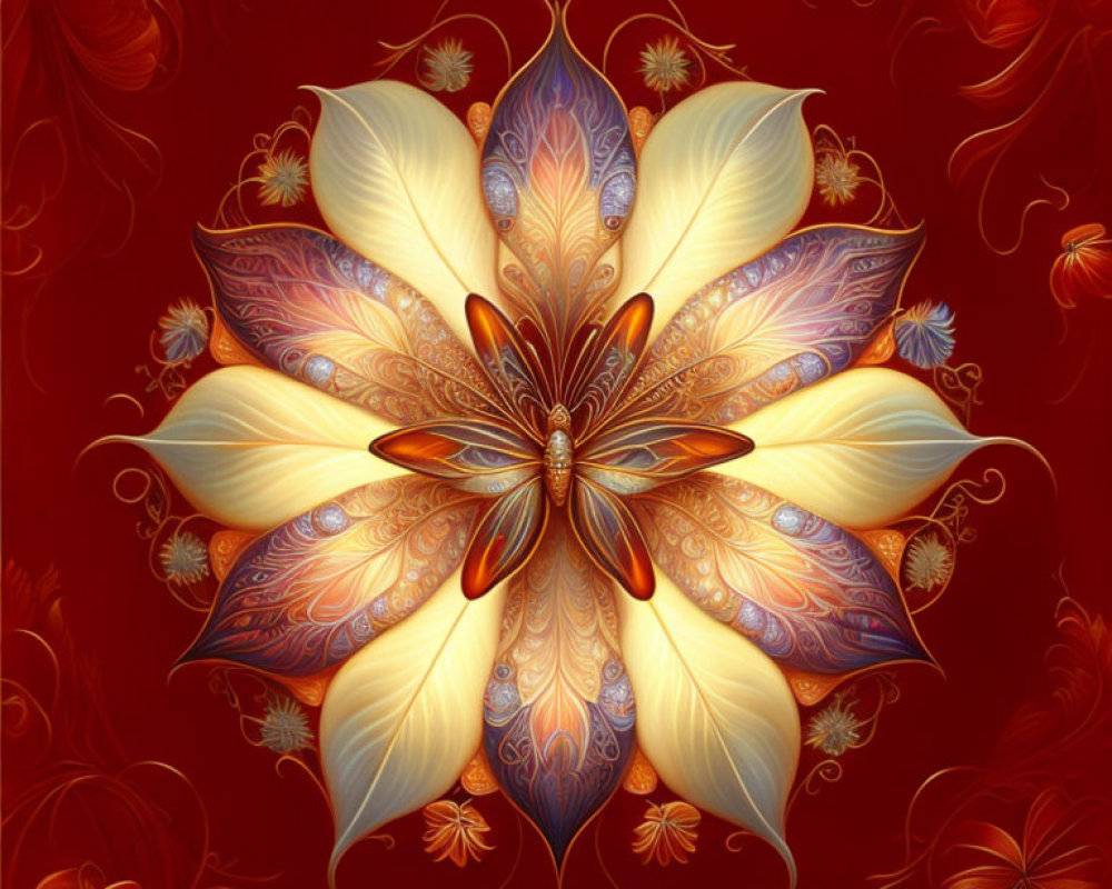 Symmetrical ornate floral design in gold, blue, and brown on red background