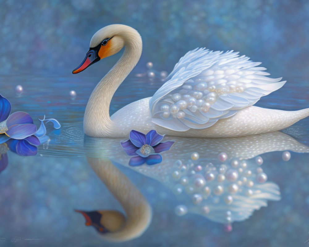 White Swan with Orange Beak on Blue Water Surface with Blue Flowers and Pearls