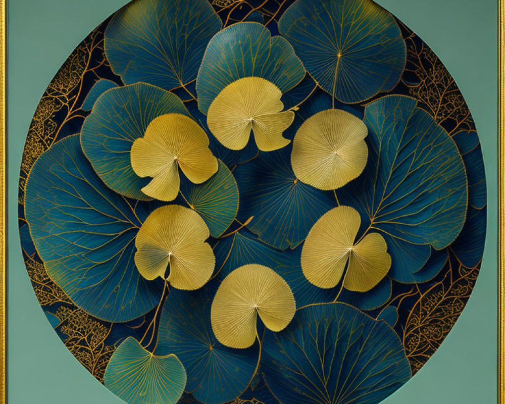 Circular golden leaf patterns on deep blue background with fine lines in green frame