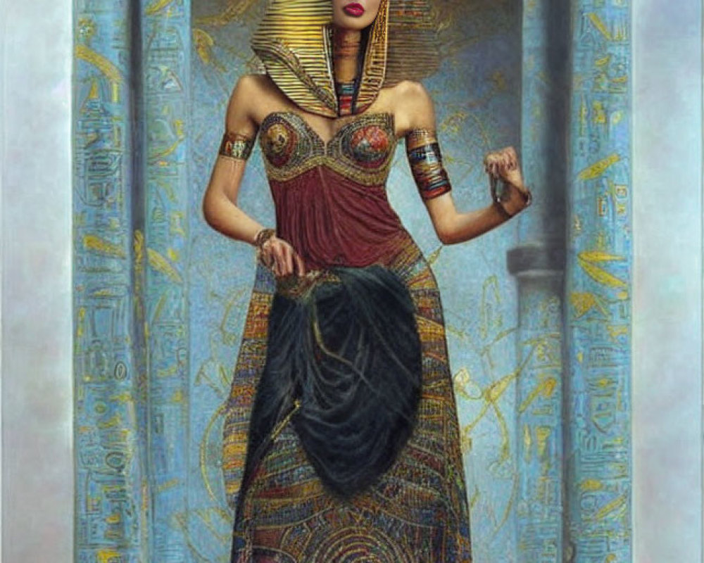 Digital art of a woman as an Egyptian pharaoh with headdress among hieroglyphic columns