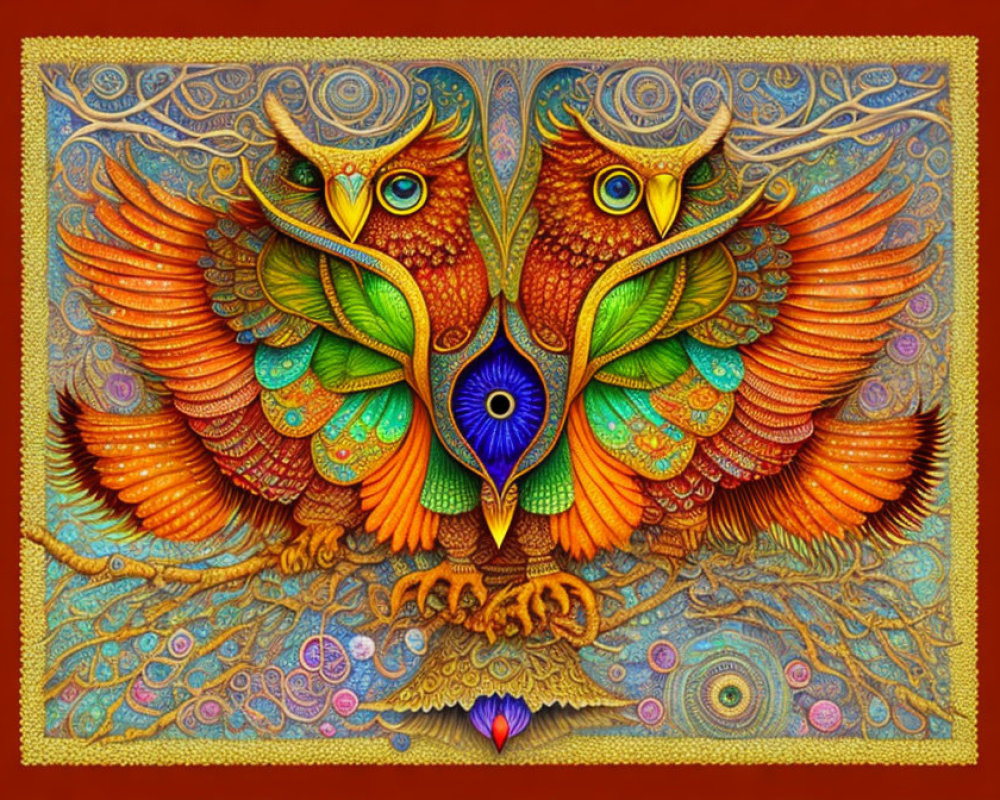 Colorful symmetrical owl illustration with intricate patterns and peacock feather eye
