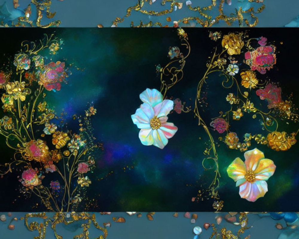 Ethereal floral painting with white and pink blooms on deep blue and purple cosmic backdrop