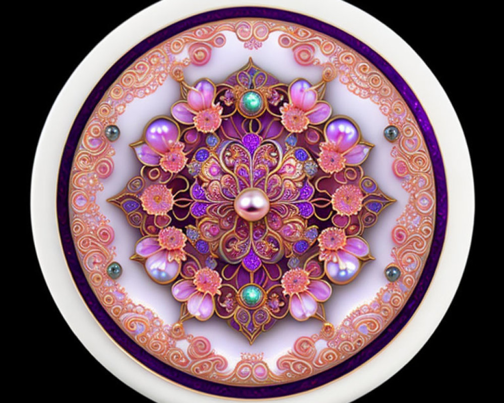 Circular mandala design with intricate purple, pink, and gold patterns on black background.