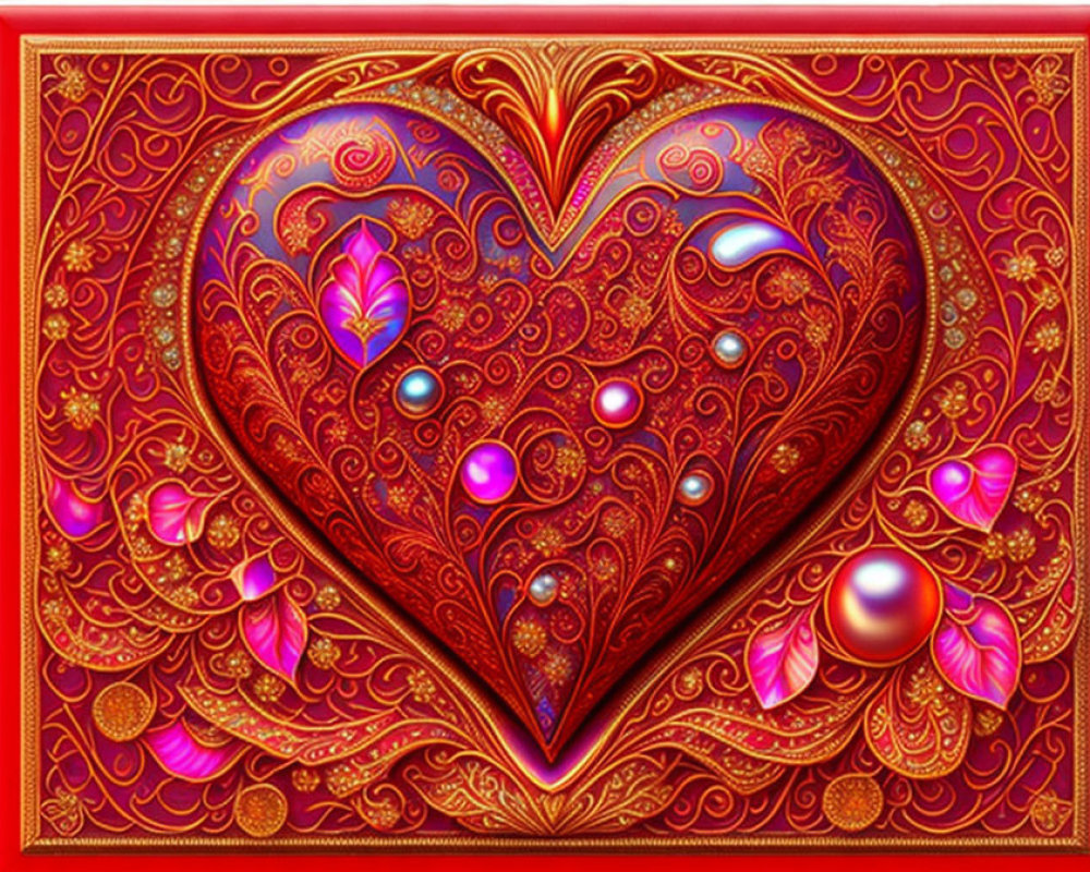 Intricate Golden Patterns and Gemstones on Red Background