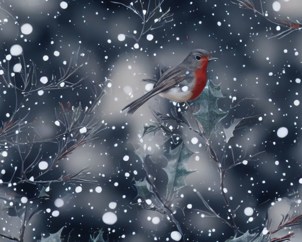 Robin perched on branch in falling snowflakes and bare twigs with white berries.