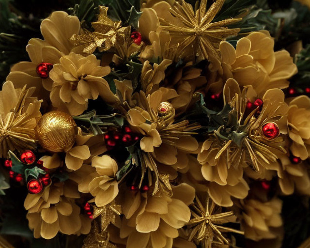 Christmas wreath with golden flowers, red berries, pine needles, and gold ornaments