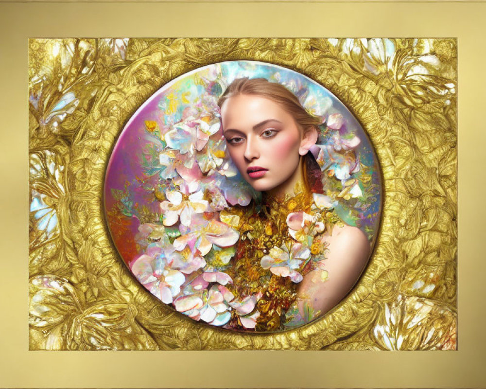 Vibrant pastel flowers surround woman in ornate golden frame
