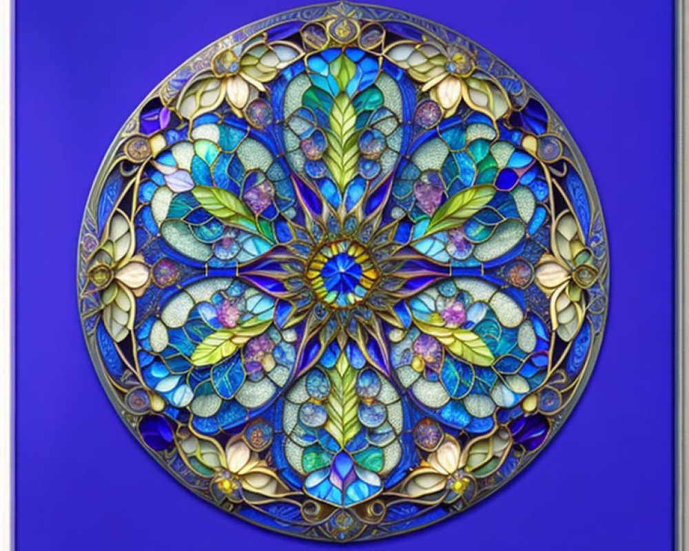 Circular Stained Glass Window with Symmetrical Floral Patterns in Blue, Purple, and Gold Tones
