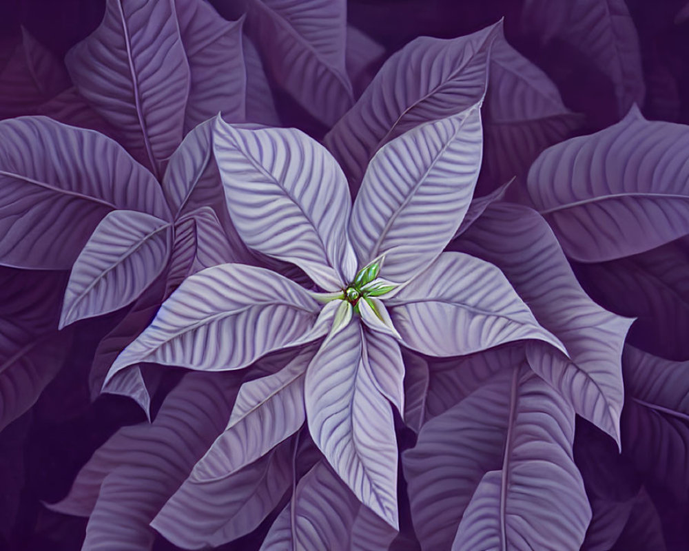 Purple poinsettia with prominent leaf veins on dark foliage background