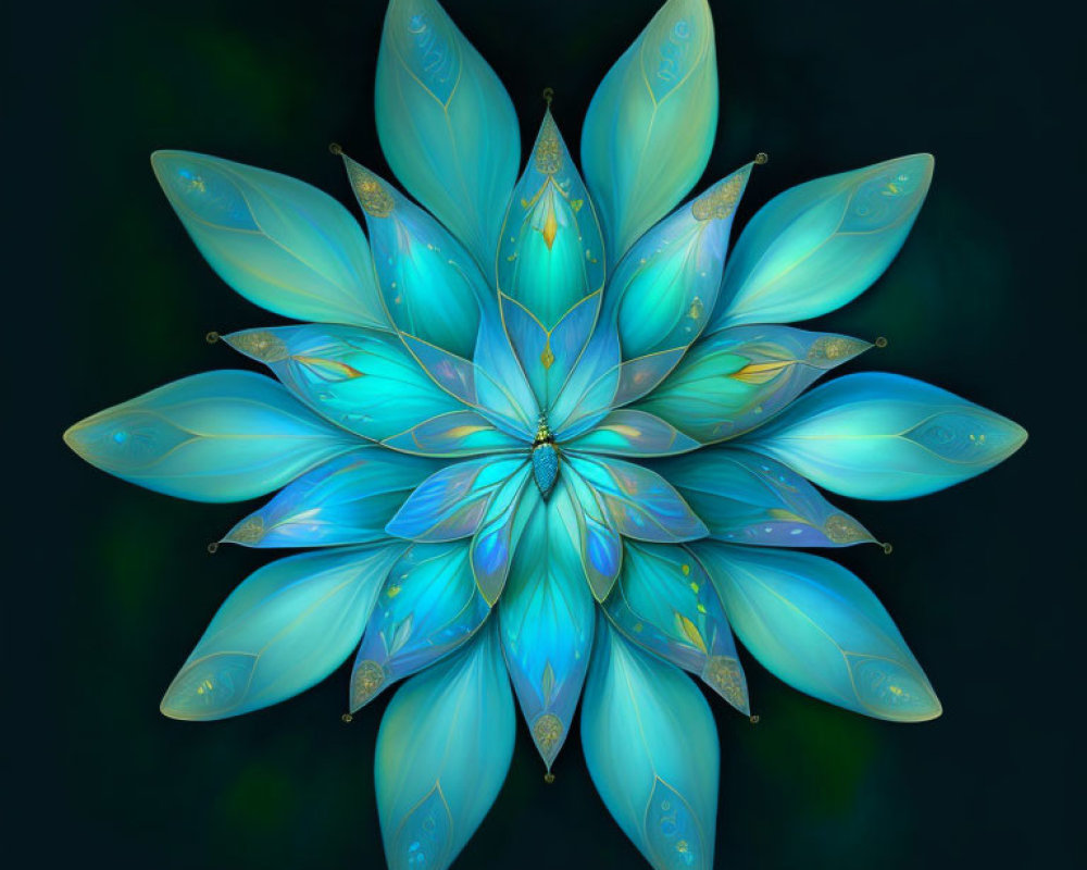 Symmetrical flower-like pattern in turquoise and blue with gold details on dark background
