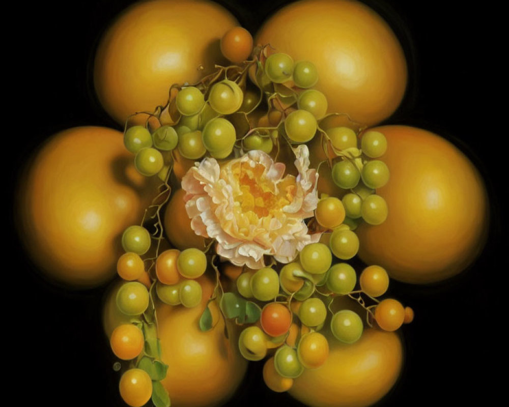 Still-life painting of yellow-orange fruits and white flower with green grapes on dark background