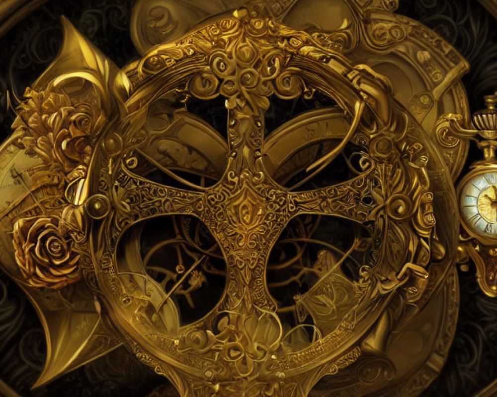 Golden Steampunk Style Composition with Gears, Compass, and Rose on Clock Faces