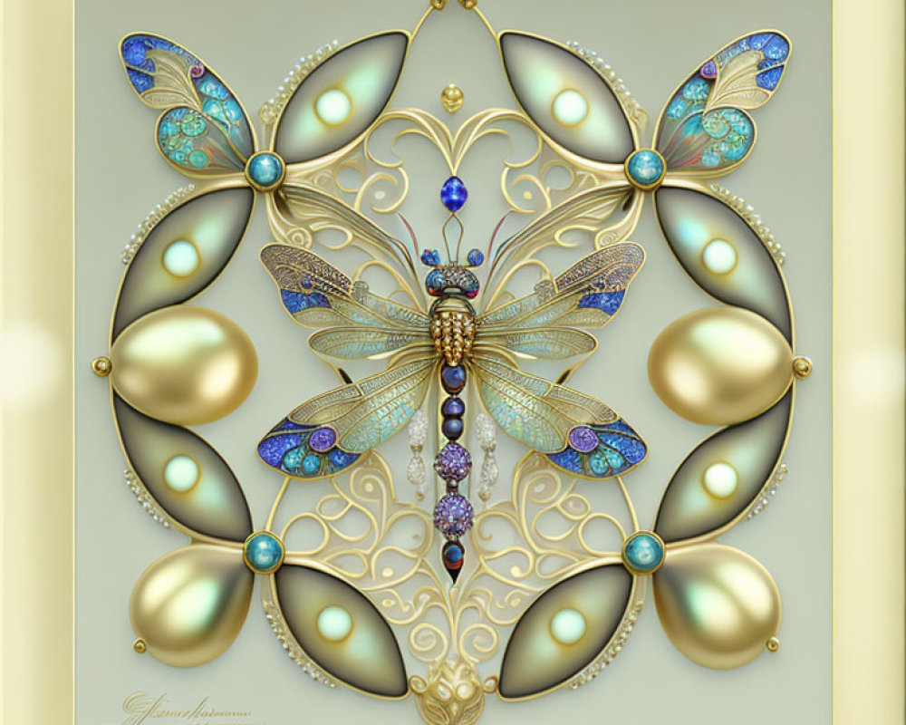 Symmetrical gold and turquoise dragonfly surrounded by ornate teardrop shapes