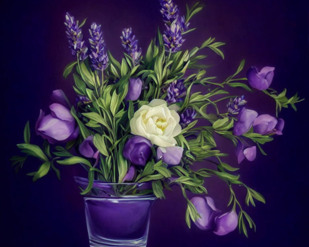 Purple and White Flower Bouquet in Transparent Vase on Dark Background