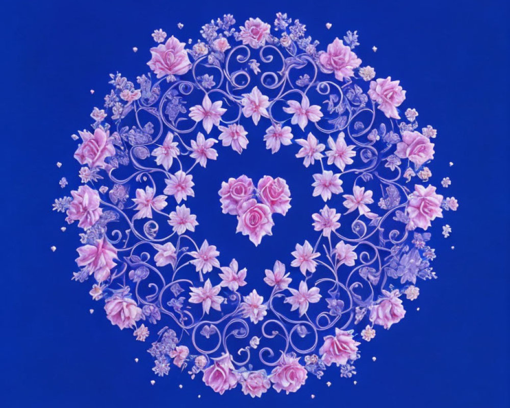Circular Floral Design with Pink Roses, White Flowers, and Silver Swirls on Blue Background