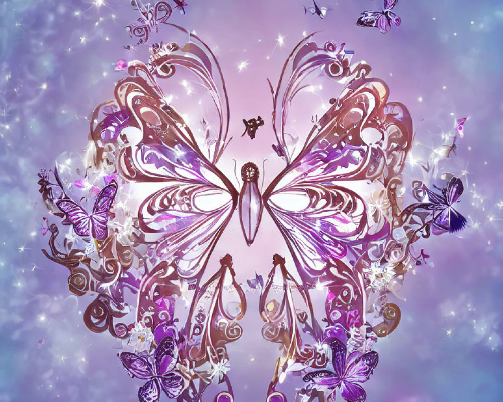 Symmetrical butterfly digital artwork with sparkling background