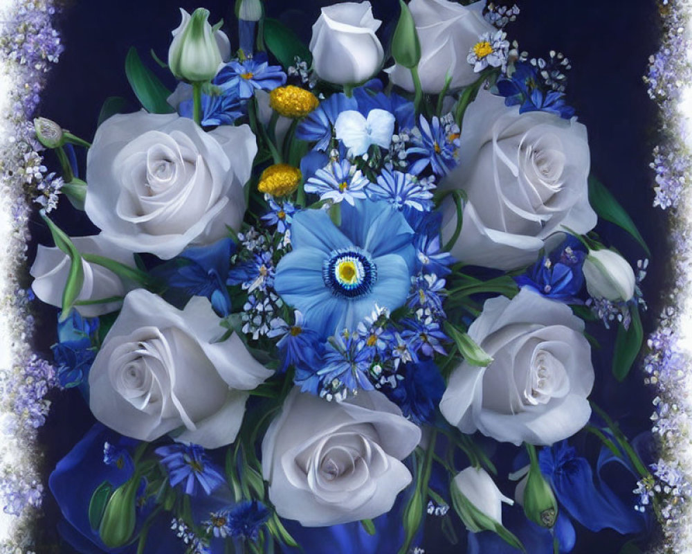 Elegant floral arrangement with white roses and blue eye-like flowers