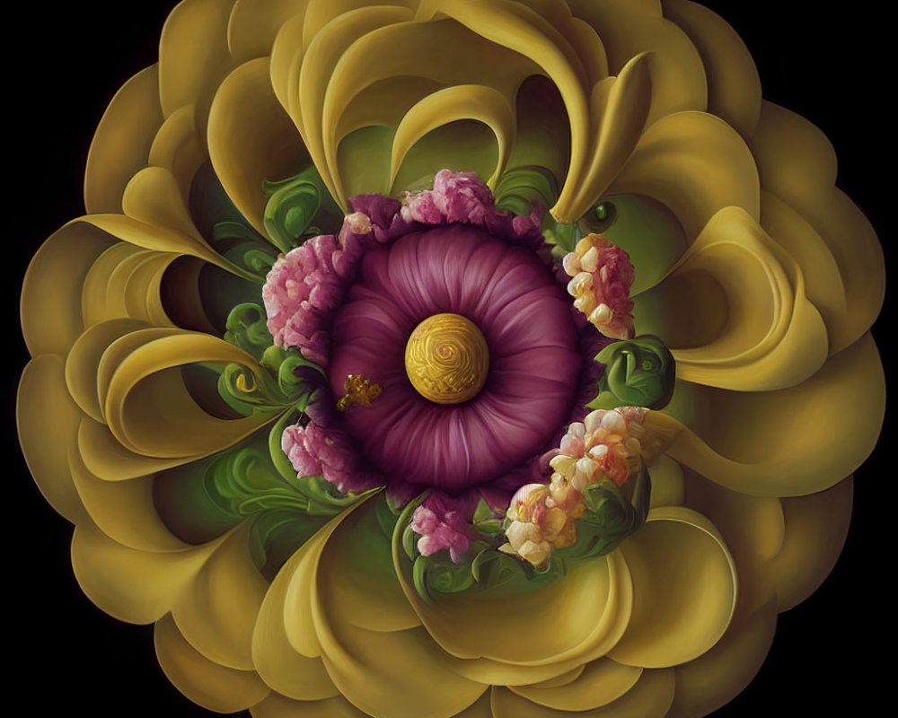 Stylized digital art of yellow and purple flower layers