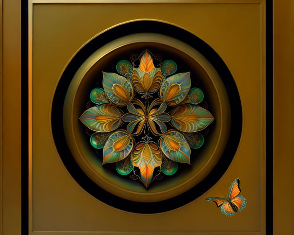 Intricate warm-colored mandala with square borders and butterfly