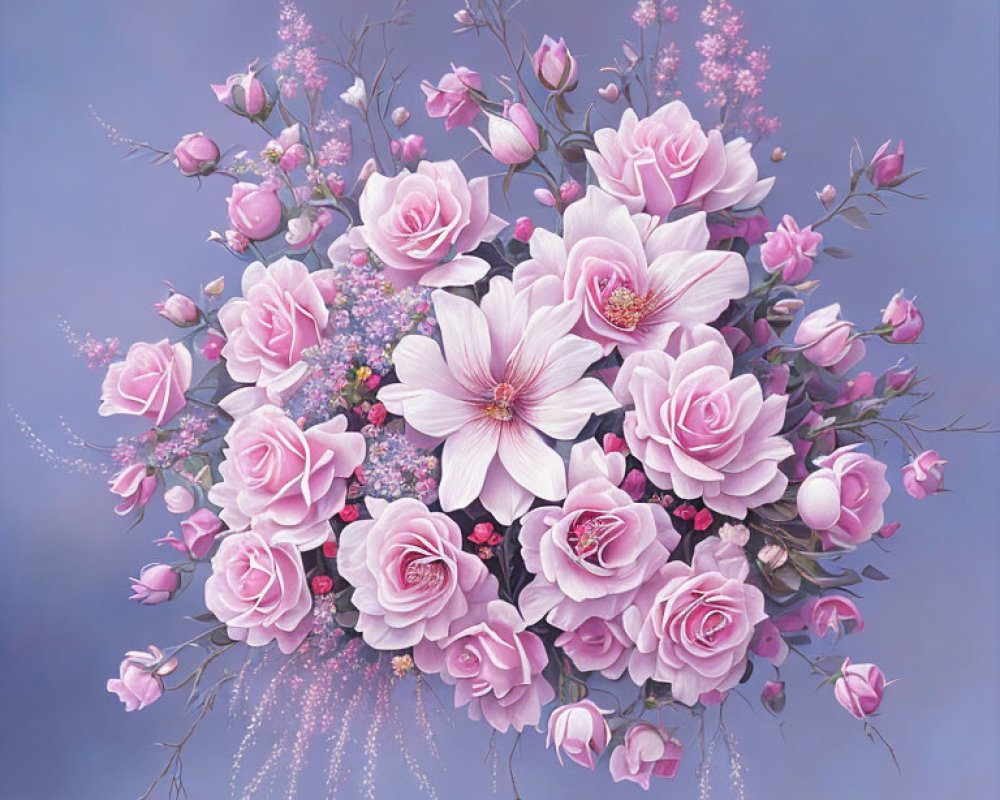 Pastel Pink Flowers Bouquet on Soft Blue Background