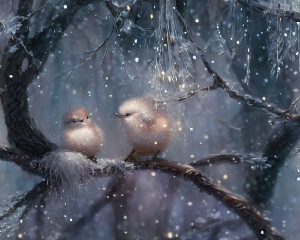Fluffy birds on snowy branch with lights and ice crystals