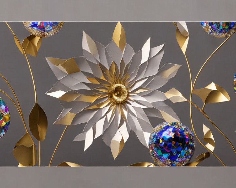 Metallic Golden Flower Centerpiece with Mosaic Spheres and Gold Leaves on Gray Background