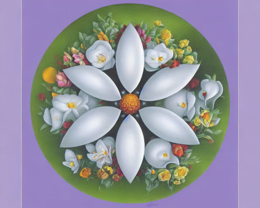 Circular floral arrangement with white magnolia, yellow and pink blossoms on green background and purple border