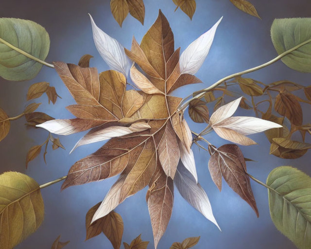 Symmetrical arrangement of green, brown, and white leaves on blue background