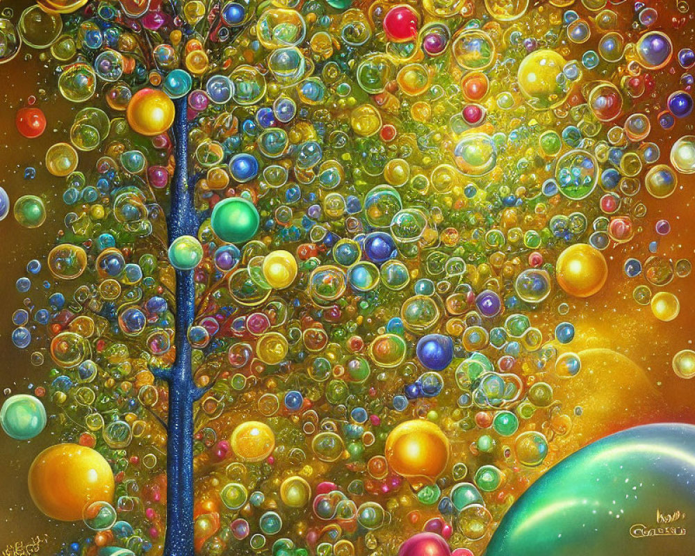 Colorful fantasy tree with bubbles on golden background