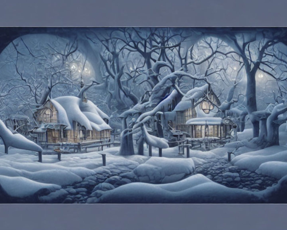 Snow-covered traditional houses and moonlit night in serene winter scene
