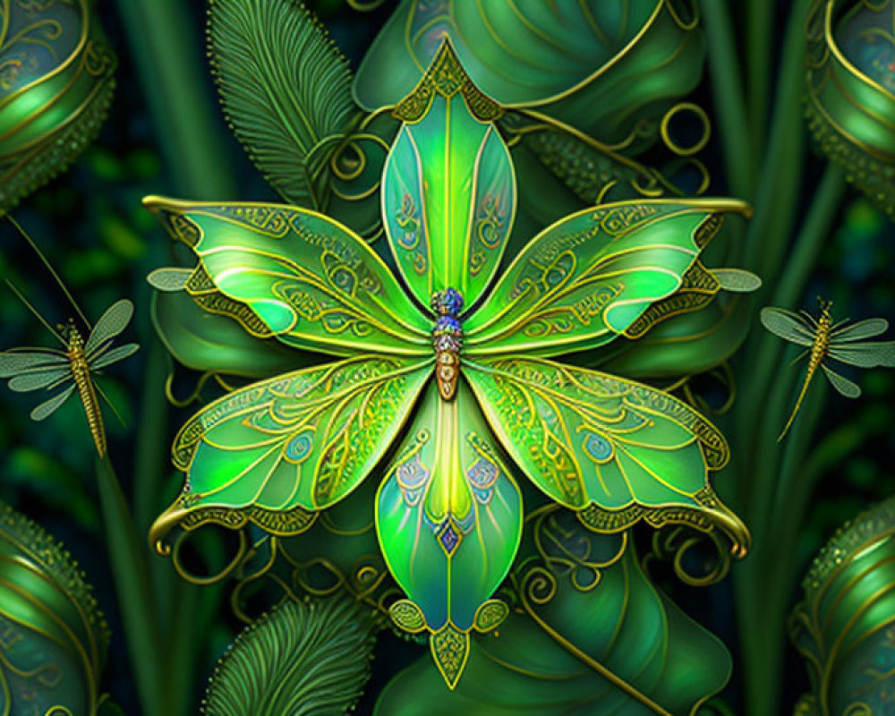 Symmetrical jewel-toned butterfly with dragonflies on green backdrop