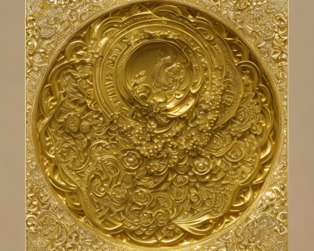 Intricate Golden Circular Bas-Relief with Floral Patterns