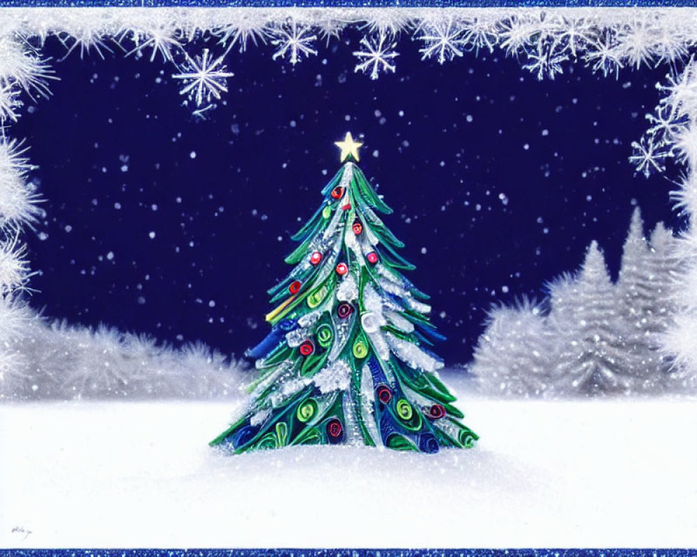 Stylized Christmas tree with star, snowflakes, and night sky