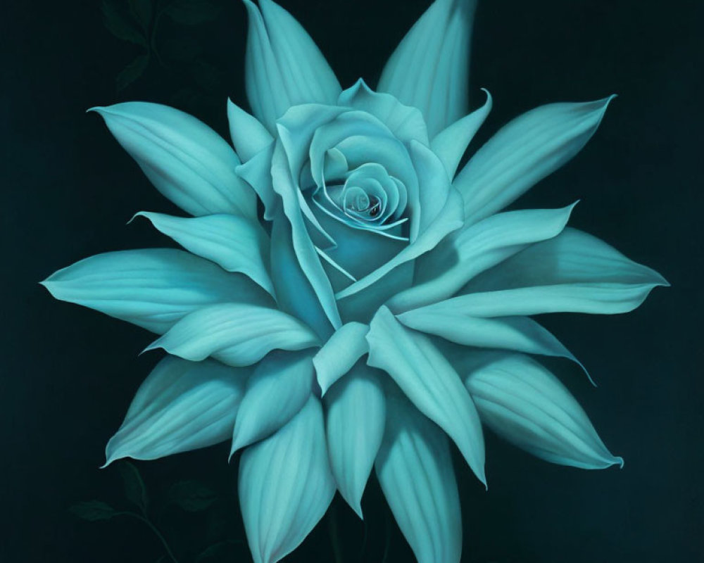 Detailed Painting of Large Blue Rose on Dark Background