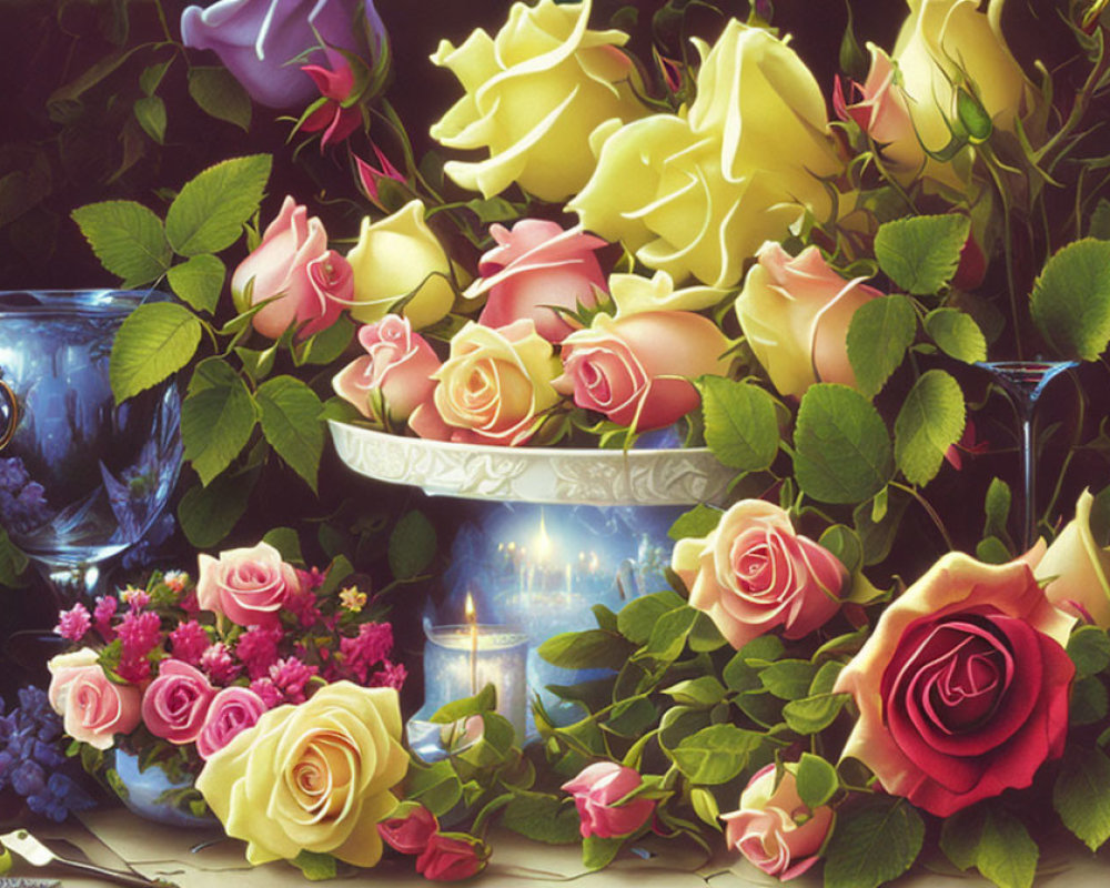 Colorful Multi-Colored Roses Arranged in Ornate Bowl with Candle