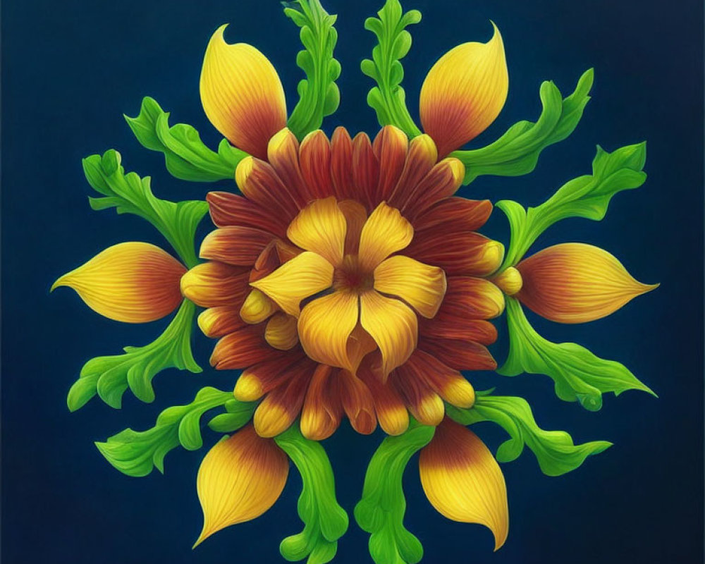 Symmetrical floral illustration with brown center on blue background